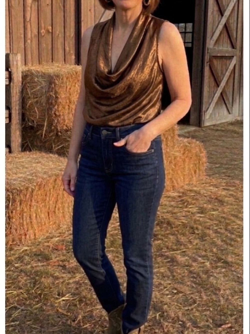 LucyParis Shiny Bronze Satin Cowl Neck Tank